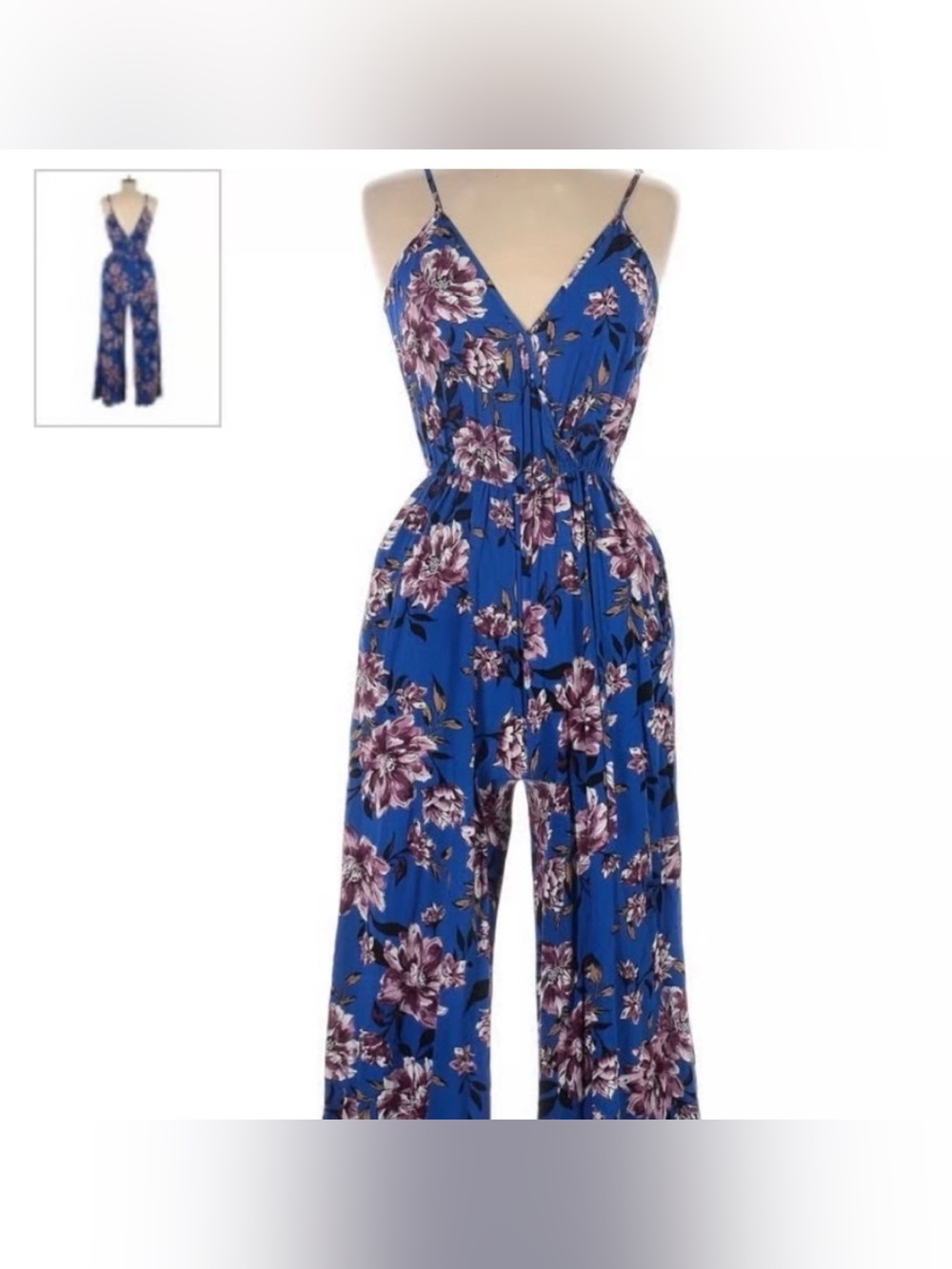 Band of Gypsies Wide Leg Blue Floral Jumpsuit w/ Pockets Spaghetti Straps Small